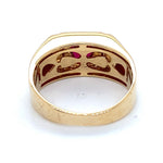 9CT YELLOW GOLD SYNTHETIC RUBY SURROUNDED BY DIAMONDS DRESS RING