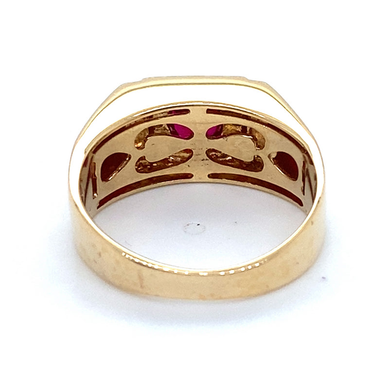9CT YELLOW GOLD SYNTHETIC RUBY SURROUNDED BY DIAMONDS DRESS RING
