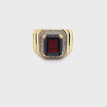 9CT YELLOW GOLD THICKENED TOP GARNET & DIAMOND MENS RING VALUED @ $3399