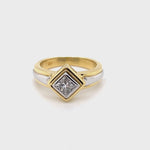 18CT YELLOW & WHITE GOLD BEZEL SET DIAMOND DRESS RING VALUED @ $5499