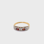 18CT YELLOW GOLD & PLATINUM GARNETS & DIAMOND DRESS RING VALUED @ $2099