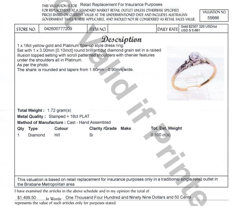 18ct YELLOW GOLD & PLATINUM DIAMOND SOLITAIRE RING VAL $1499