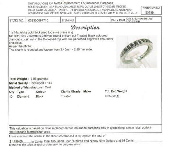 14CT WHITE GOLD TREATED BLACK DIAMOND DRESS RING VALUED @ $1499