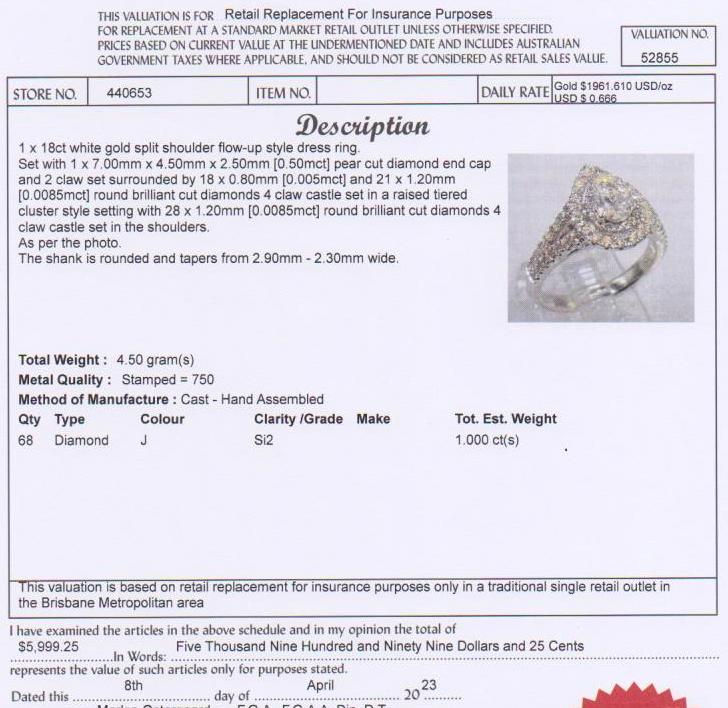 REDUCED! 18ct WHITE GOLD DIAMOND CLUSTER DRESS RING TDW 1cts VALUED $5999