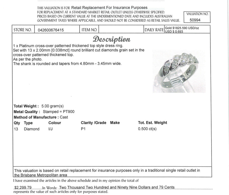 PLATINUM BRILLIANT CUT DIAMOND SET RING TDW 0.5cts VAL $2299