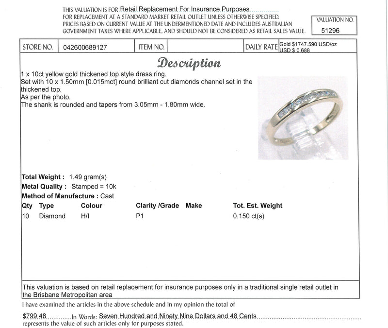 10ct YELLOW GOLD LADIES DIAMOND RING TDW: 0.150ct VAL: $799