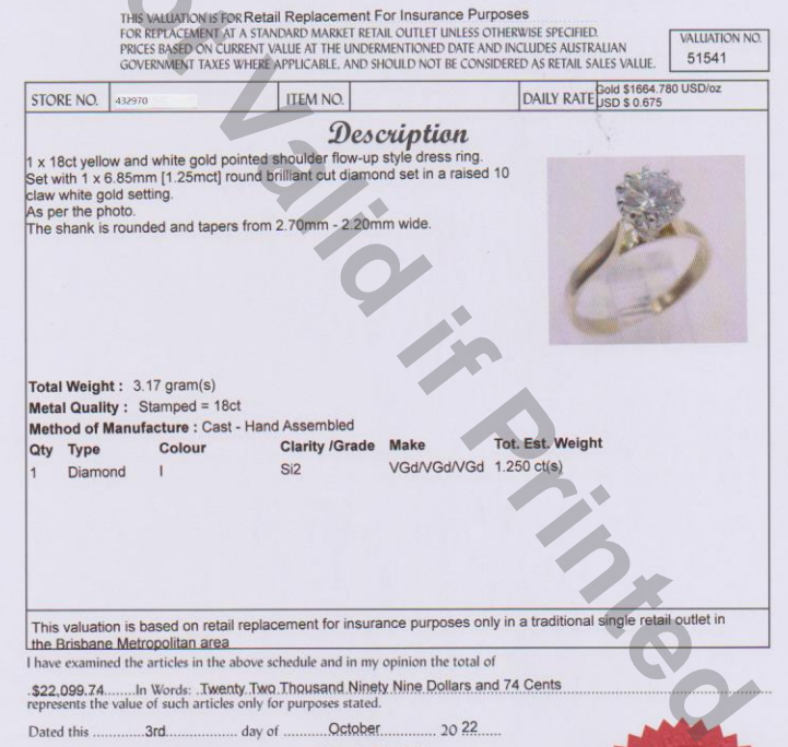 REDUCED! 18ct YELLOW WHITE GOLD 1.25ct DIAMOND RING VALUED $22,099